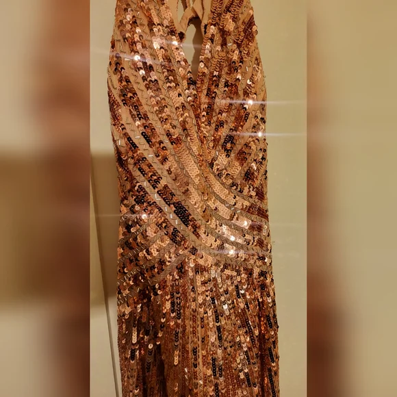 Mac Duggal Rose Gold Sequin Embellished Cut Out Back Formal Gown